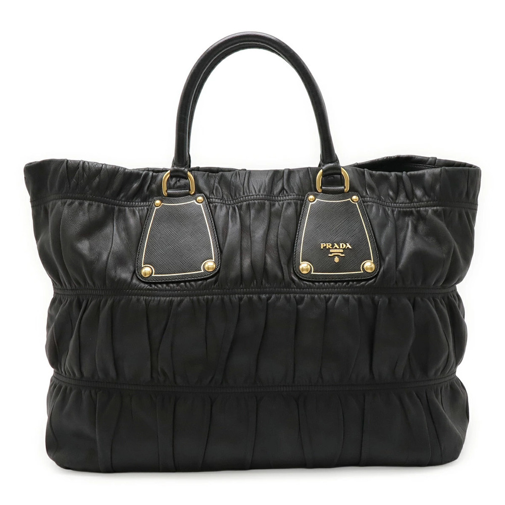 Prada NERO Handbag Leather Black Bag Gathered Tote Black - Picture 2 of 8